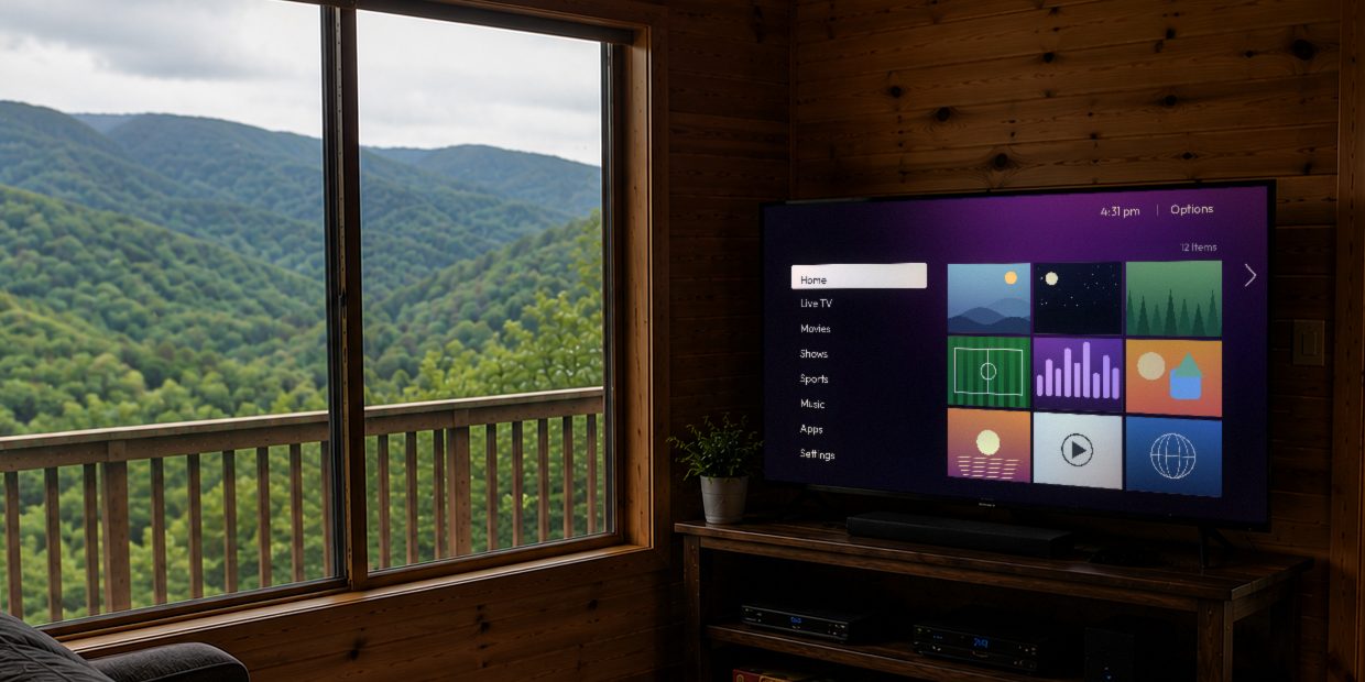 A cabin living room in the East Tennessee mountains — a smart TV streaming, with a ridgeline view through the window.