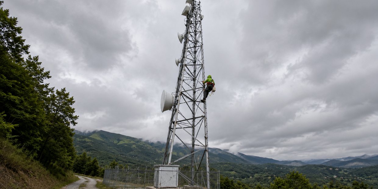 A Wifi Squared technician climbing a communications tower above a mountain valley.
